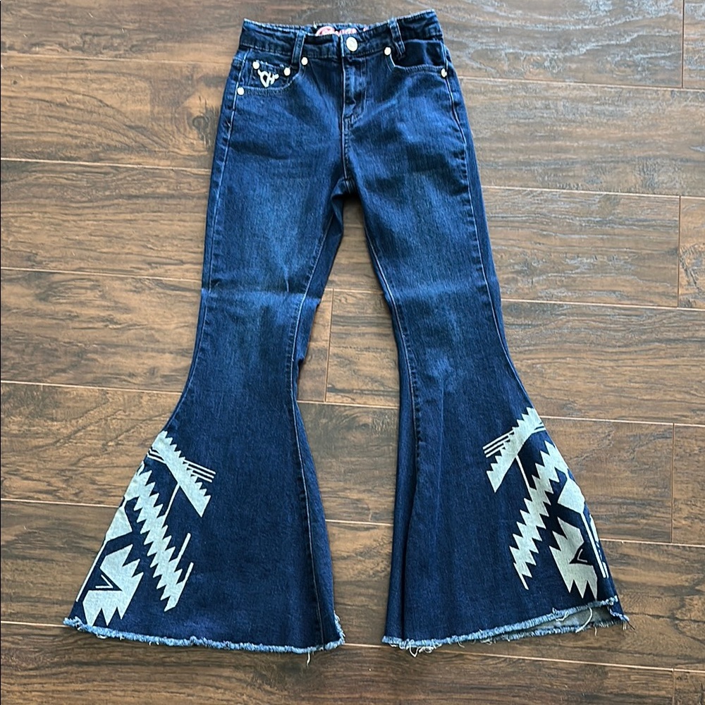 Cowgirl Hardware Flare Jeans with Aztec Pattern with adjustable waist